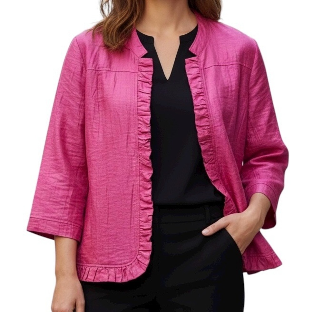 Chico’s Linen Blend Jacket Pink Ruffle Trim Open Front 3/4 Sleeve Blazer